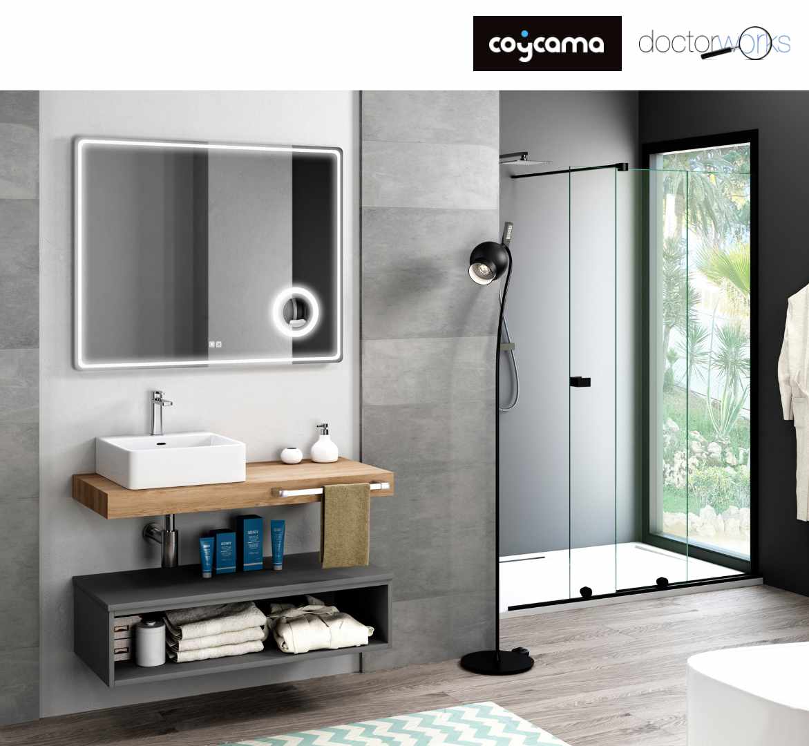 Conjunto mueble Flow 100 Roble natural y antracita con lavabo, toallero y espejo