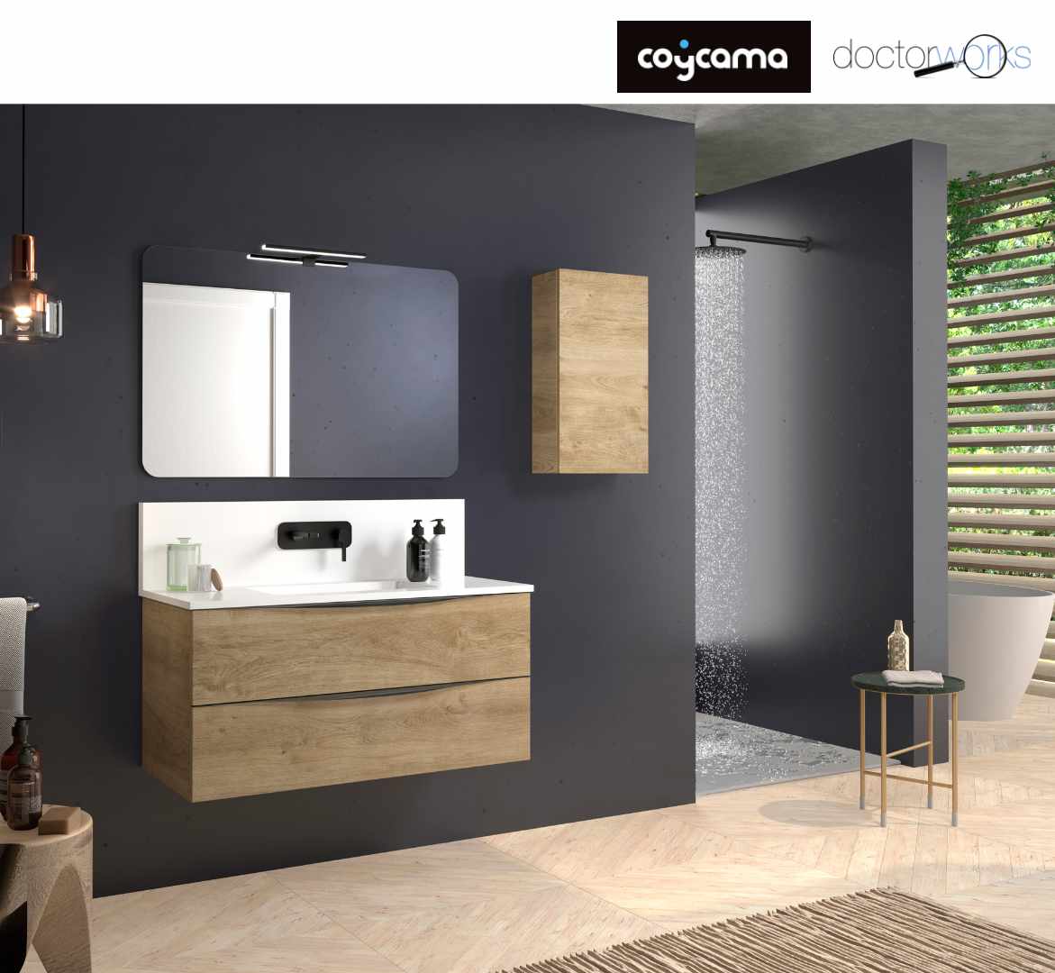 Conjunto mueble Landas 100 cm roble natural con lavabo ambar mural, espejo, aplique y estante