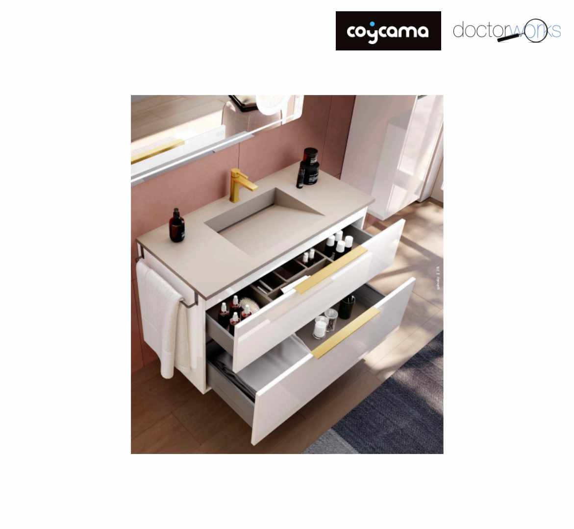 Conjunto mueble Galsaky 100 blanco brillo tirador oro con lavabo, espejo, toallero y columna