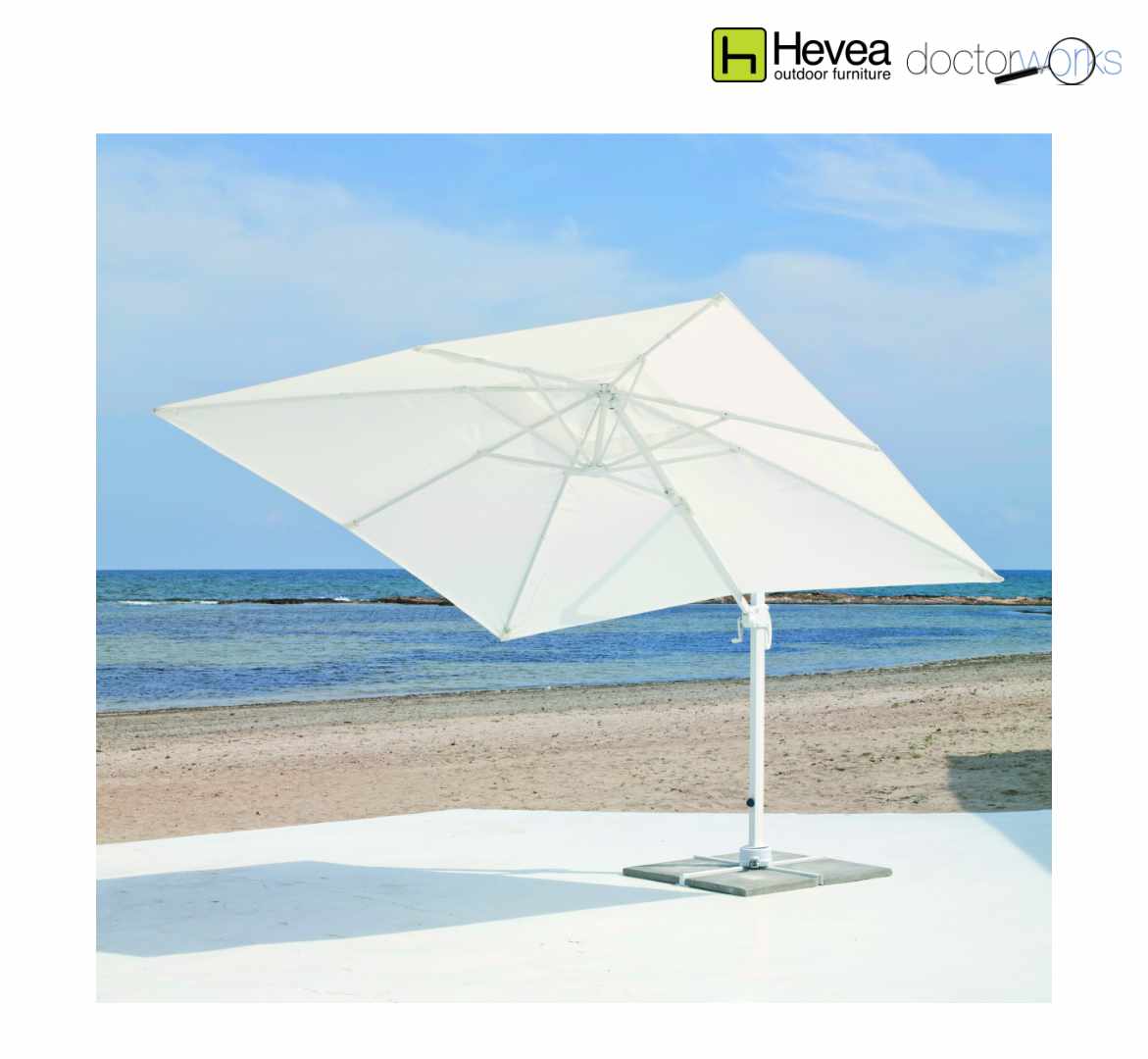 Parasol Hevea aluminio blanco con tela blanca incluida base de cemento