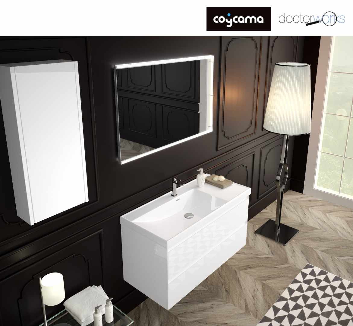 Conjunto mueble Praga 100 blanco brillo con lavabo, espejo y columna