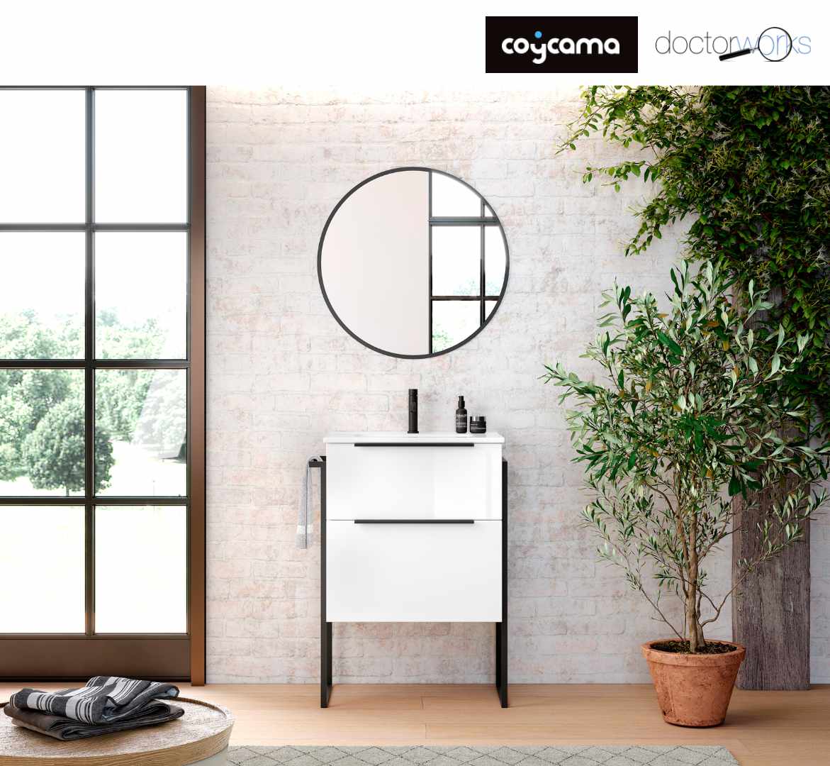 Conjunto mueble Galsaky industrial 60 cm blanco brillo con lavabo y espejo