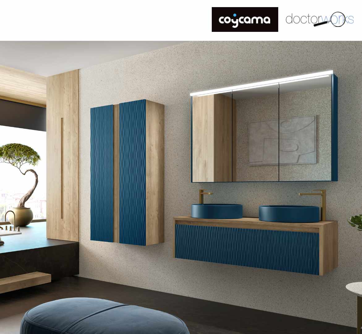 Conjunto mueble Lambda 120 roble natural blue space con lavabos, espejo y columnas