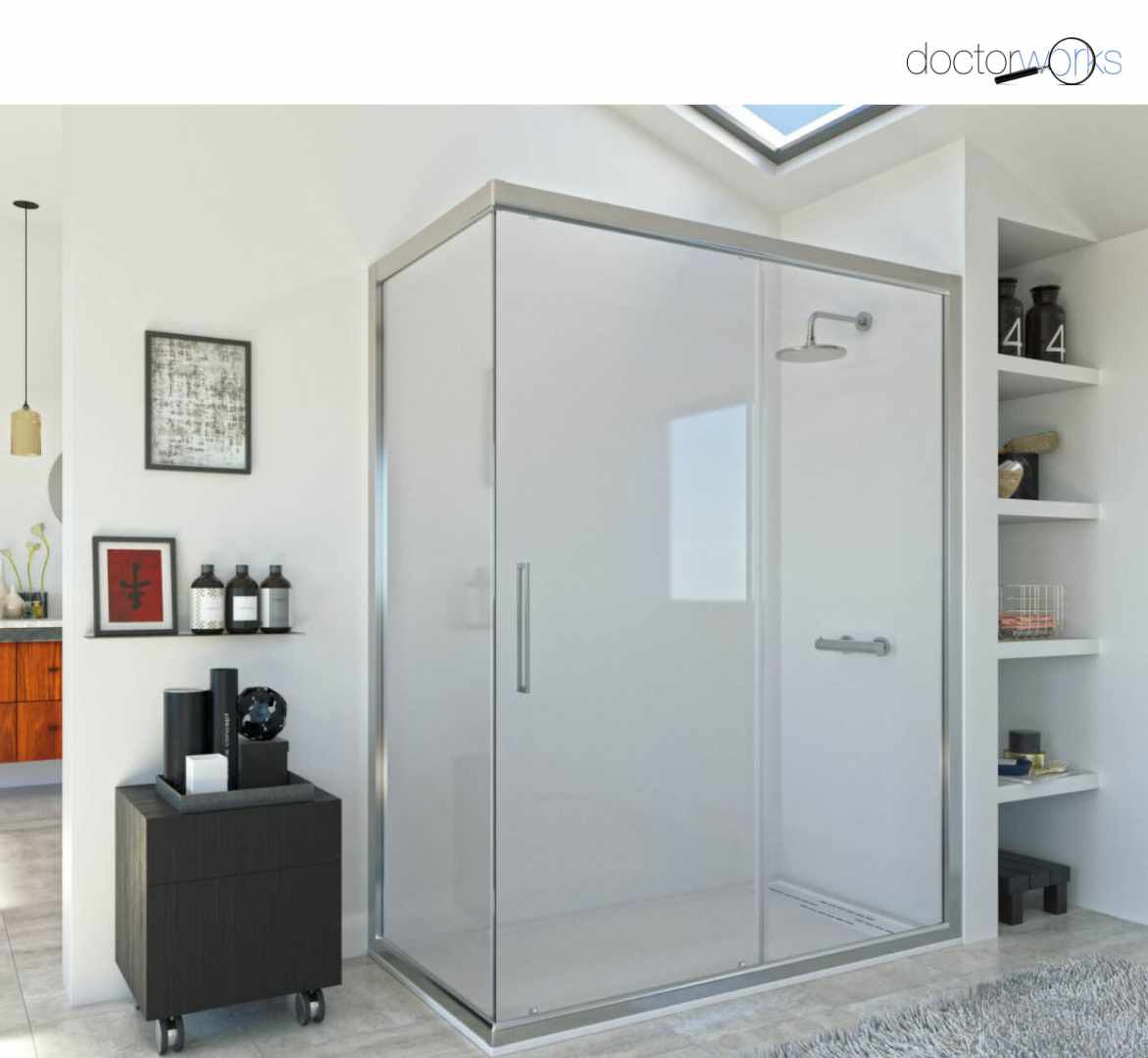 Mampara aluminio mod.104 brillo angular de ducha 1 puerta corredera + 2 fijos transparente