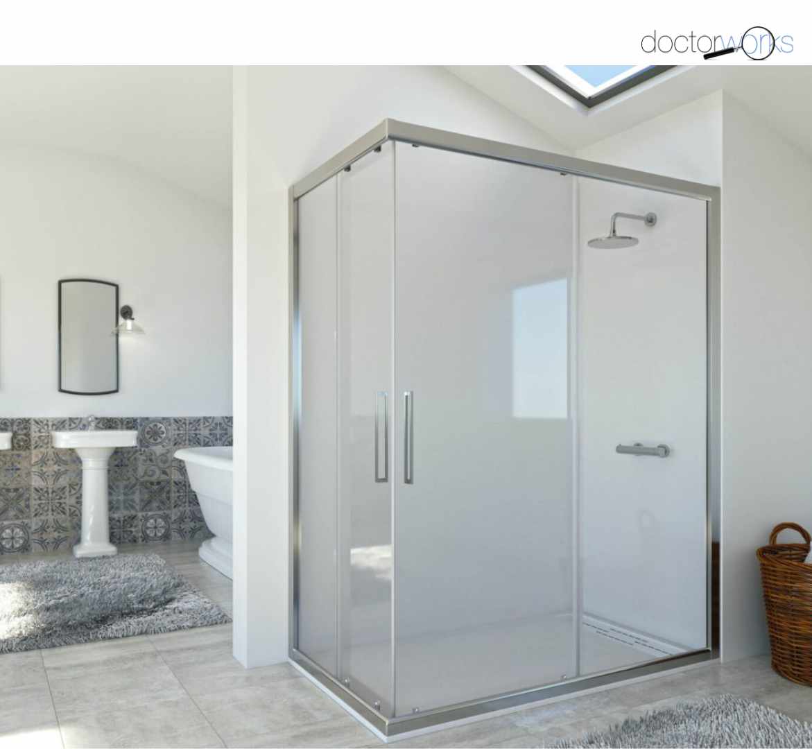 Mampara aluminio brillo mod. 105 angular de ducha 2 puertas correderas + 2 fijos transparente