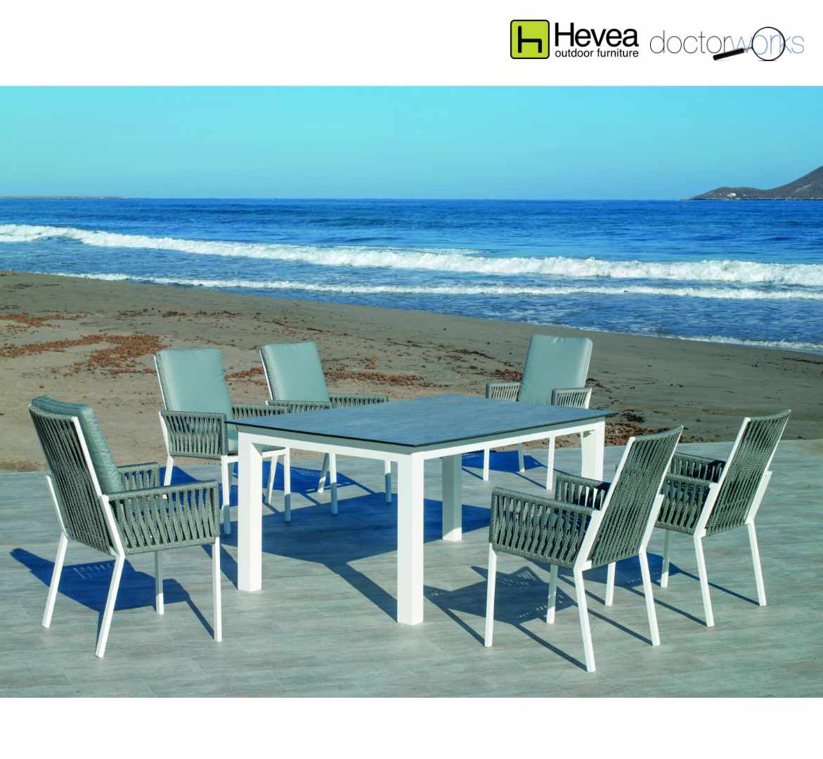 Conjunto Hevea mesa comedor Camelia 220 cm y 6 sillones Catania 3 blanco, cuerda gris y tela Odona gris
