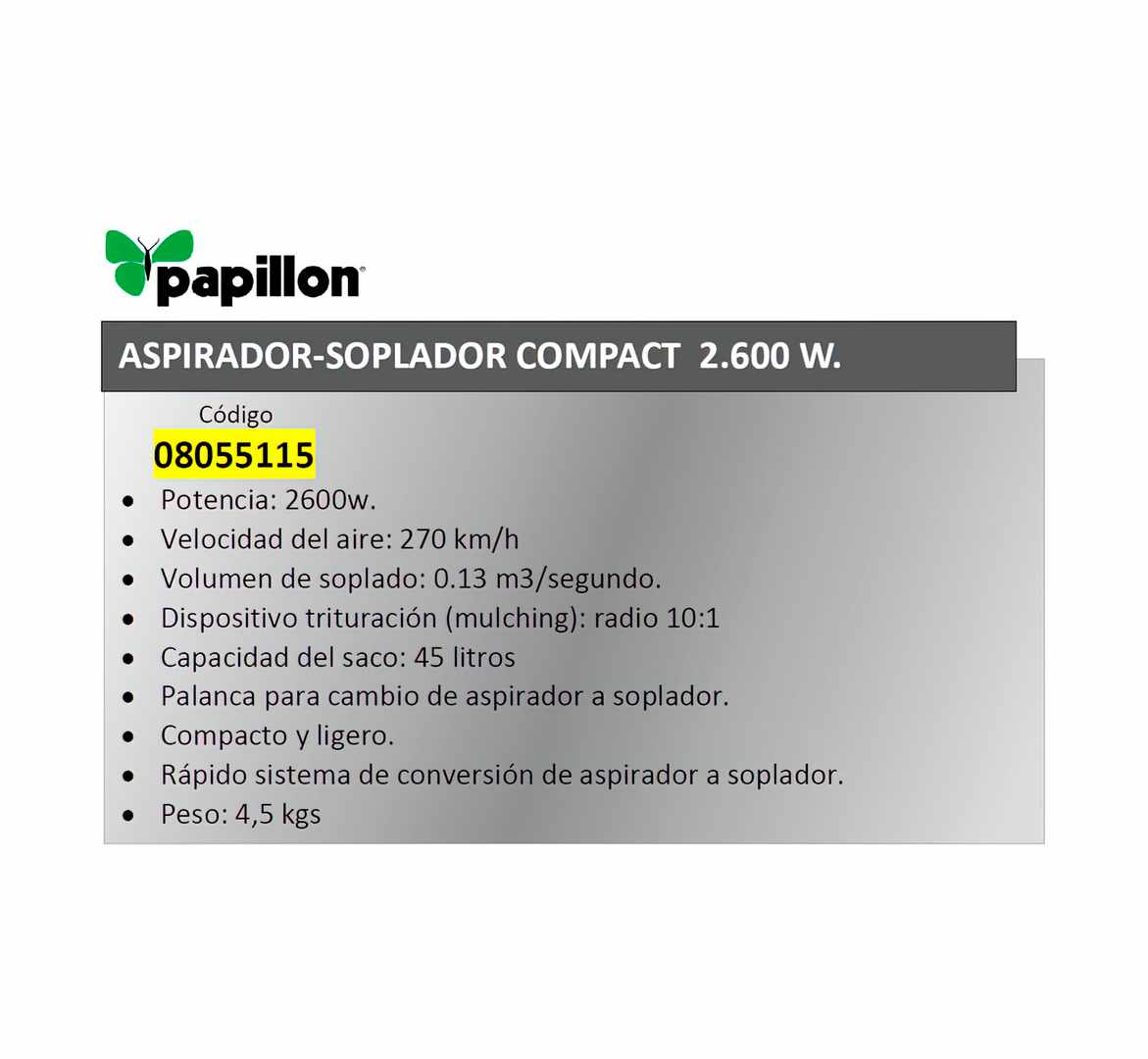 Aspirador /Soplador Papillon Compact 2600 Watios