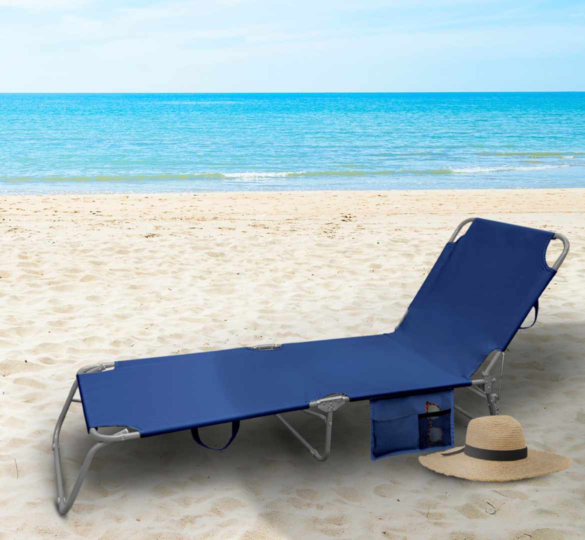 Tumbona Playa Cama Acero Con bolsillo Azul, Reclinable 3 posiciones